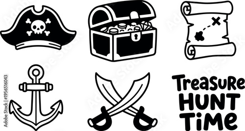 Pirate treasure icons in line art style including hat treasure chest map anchor swords and treasure hunt text