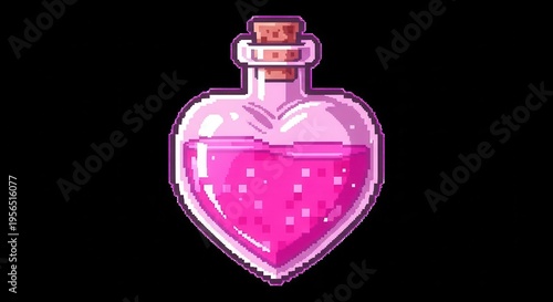 Pixelated illustration depicts a heart-shaped vial containing sparkling pink liquid against a dark background.