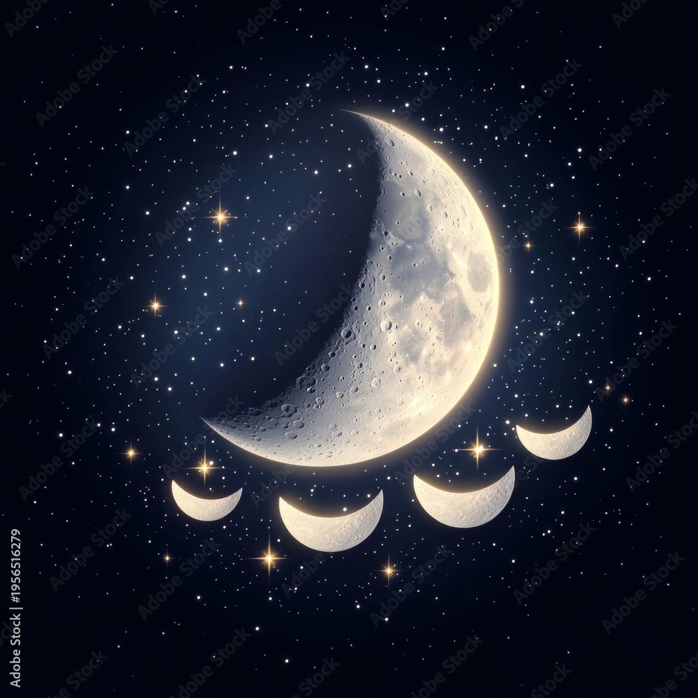 Naklejka premium Majestic crescent moon illuminates four smaller crescent steps on a deep, star-studded night sky. A serene celestial journey. Moon, Cosmic