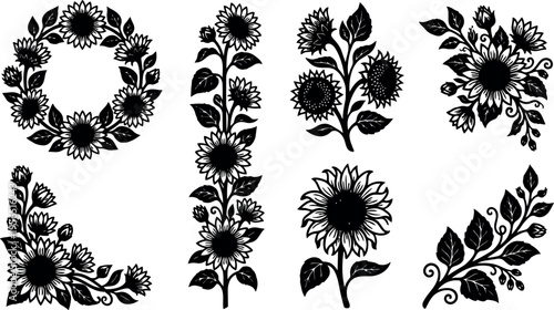 Sunflower vector collage with stems and blooms