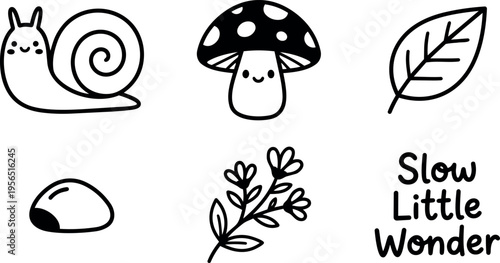 Line art snail mushroom leaf and wording slow little wonder in vector style