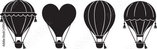 Set of isolated black silhouettes of hot air balloons with basket and ropes on white background