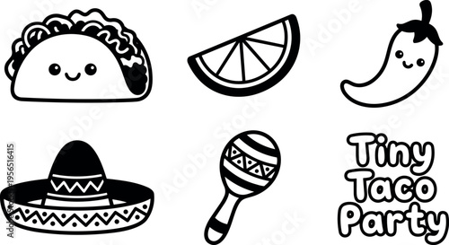 Vector line art taco party icons with sombrero maraca