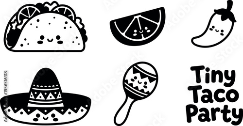 Tiny taco party icons in black and white vector art with sombrero and maraca