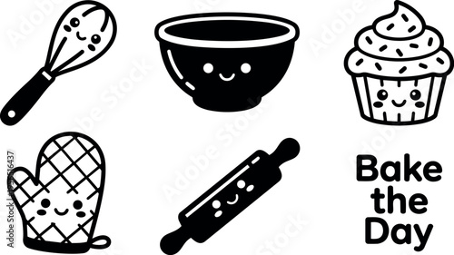 Cute baking icons including cupcake bowl rolling pin and bake the day text