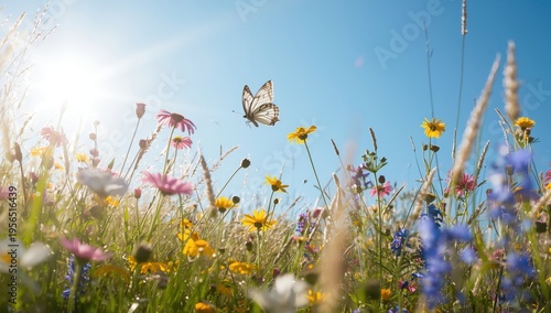 A white butterfly glides unhindered through a blooming field.