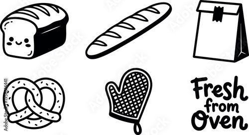 Line art bakery icons bread baguette pretzel and oven mitt