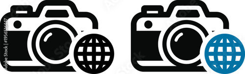 地球マーク付きカメラアイコン｜グローバル共有・世界配信を表すUI素材 Camera Globe Icon – Global Sharing Photography Symbol
