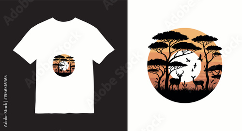 African savanna sunset landscape with deer silhouettes in circular t-shirt design