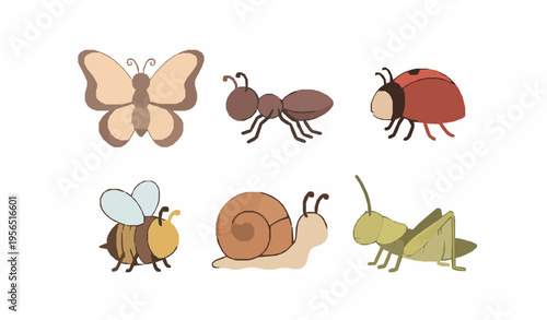 Cute insects vector set with butterfly ant ladybug bee snail and grasshopper cartoon isolated on white