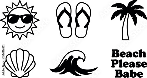Vector line icons sun sunglasses flip flops palm tree seashell wave beach babe please