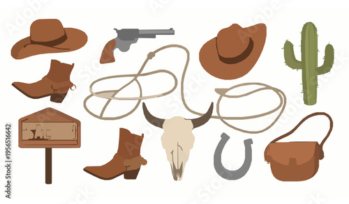 Cartoon flat Wild West object collection vector set with cowboy hat boots cactus lasso horseshoe isolated white