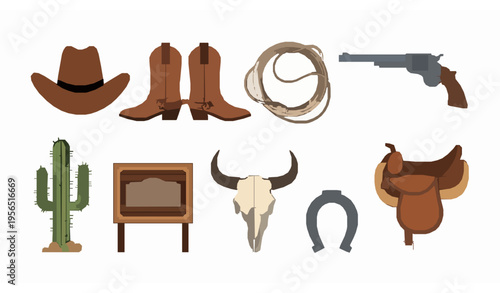 Wild West flat vector set with cowboy hat boots cactus lasso handgun cow skull horseshoe saddle isolated on white