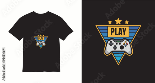 Play gaming t-shirt design with gamepad controller, esports apparel graphic