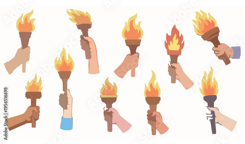 Burning torch in hand vector illustration set for competition relay victory isolated white background