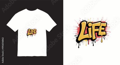 Life graffiti typography on red and yellow splash background drip effect