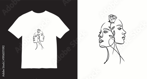 One line drawing of two women face with rose, minimalist style for t-shirt design