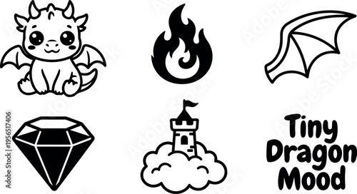 Cute dragon vector design with flame diamond castle and bat wings mood