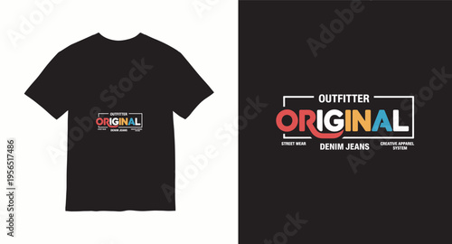 Minimalist outfitter original denim jeans typography t-shirt design with geometric frames and urban street wear style