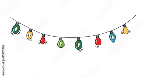 A string of colorful Christmas lights hangs outdoors at night