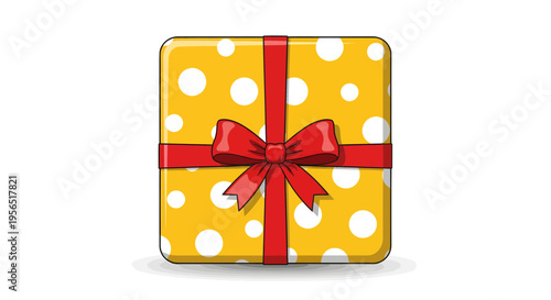 A wrapped gift box with a red ribbon and bow on a white background
