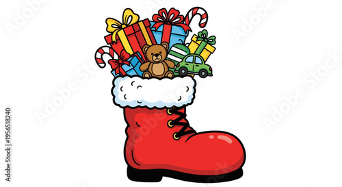 A cartoon red Christmas stocking filled with gifts and toys on a white background