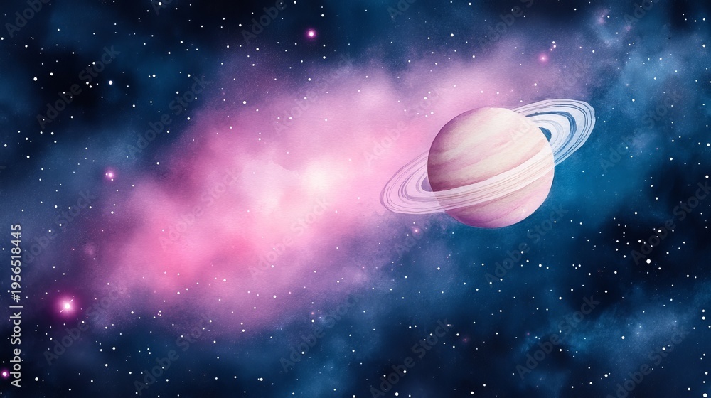 Fototapeta premium Pastel watercolor Saturn floating amidst a vibrant pink and blue starlit nebula, a serene cosmic dreamscape.,Space,Galaxy