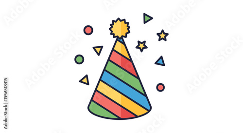 A colorful party hat with striped pattern and confetti flying around
