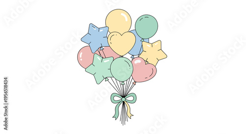 Colorful balloons float in air with star and heart shapes tied together