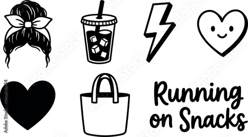 Vector line art icons of drink heart tote bag and snacks with hair bun