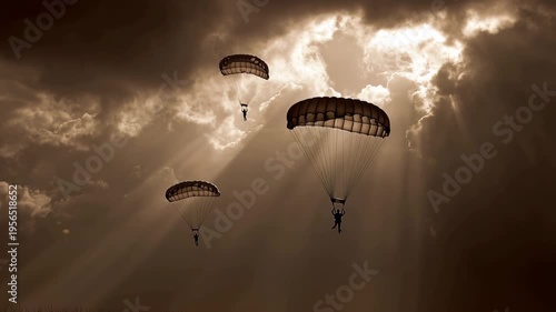 Paratroopers descending through a dramatic sky, Paratroopers glide down through a vivid, dramatic sky