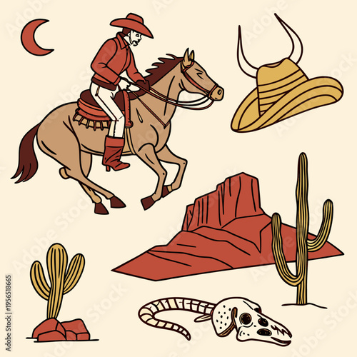 A Western-themed vector graphic set featuring cowboy elements such as a rodeo rider, hat, boots, cacti, skulls, a scorpion, snake, horseshoe, and mountain landscape. 1