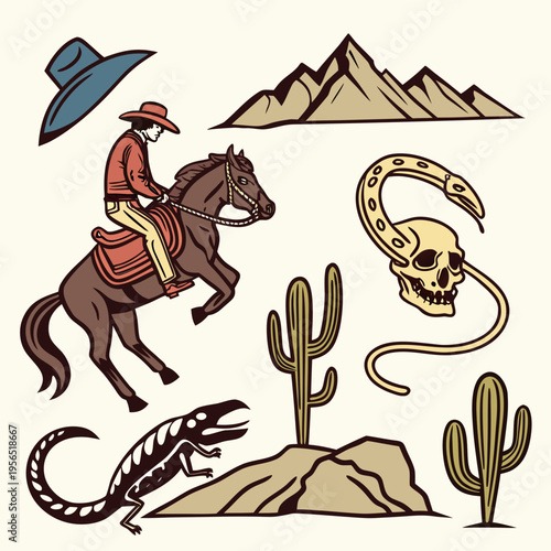 A Western-themed vector graphic set featuring cowboy elements such as a rodeo rider, hat, boots, cacti, skulls, a scorpion, snake, horseshoe, and mountain landscape.