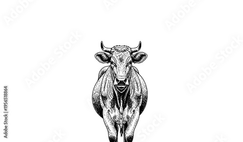 Classic vintage cow engraving detailed farm livestock black and white vector illustration