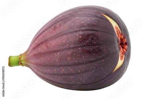 A ripe purple fig with a glossy skin and small stem attached to its top isolated on transparent background