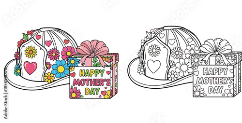 Happy Mother's Day Firefighter Mom Gift Set Illustration, Floral Helmet and Present Box, Colored and Outline Versions for Kids Coloring Activity