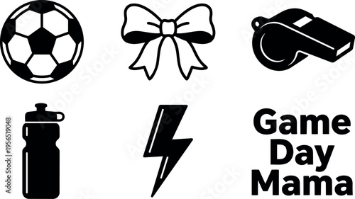 Line art icons for game day mama with soccer ball and whistle