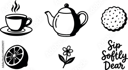 Vector line art tea cup and teapot with cookie and lemon sip softly dear