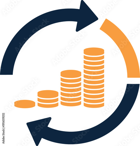 Investment return and financial growth represented by stacked coins and a circular arrow