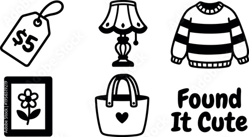 Vector assets set with price tag lamp striped sweater flower frame bag found it cute