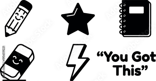 Vector line art pencil star notebook eraser lightning and you got this phrase