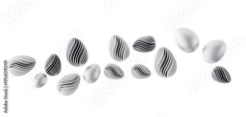 Monochromatic abstract image of 3D-rendered Easter eggs with layered textures and modern look.