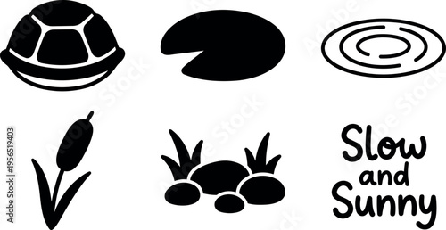 Vector line art set of black food icons including shell bite spiral cattail roots vegetables and slow and sunny text