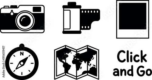 Vector icon set featuring camera film compass map and photo frame