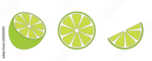 Fresh Lime Slices Set Isolated on White Background Citrus Fruit Cut Pieces Flat Vector Illustration