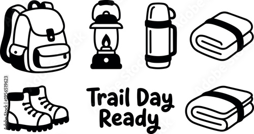 Vector line art trail gear set with backpack lantern water bottle boots and blanket ready for hiking