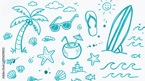 Summer vacation doodles with beach elements like palm tree surfboard coconut drink sunglasses starfish and waves on white background