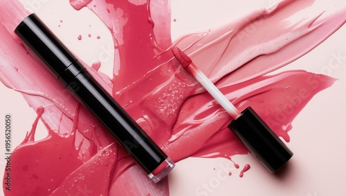 Colorful droplets of lip gloss and applicator.