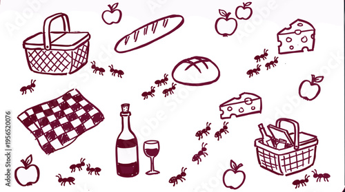 Ants invade a delightful picnic spread with bread cheese wine and fruit creating a whimsical scene of nature's persistence
