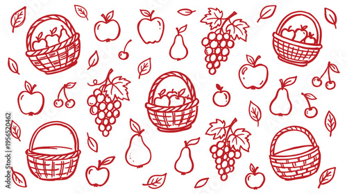 Charming red outline illustration of assorted fruits like apples pears and grapes in woven baskets scattered across a white background perfect for harvest or autumn themes